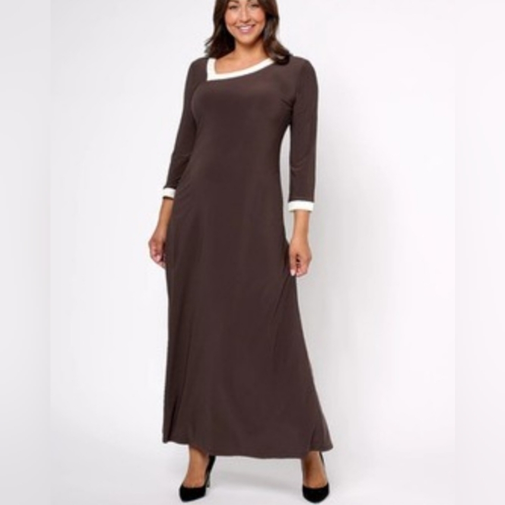 NWT Attitudes by Renee Brown & White Long Sleeve Asymmetrical Maxi Dress Small - Picture 2 of 5